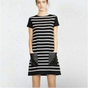 Zara Knit Black and White Striped Dress with Faux Leather Pockets Size Small